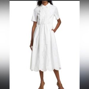 SELF-PORTRAIT Embroidered Eyelet Lace White 100% Cotton Lined Midi Dress size 12